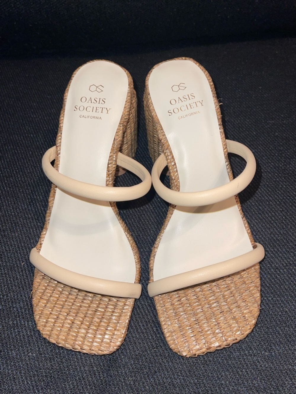 Oasis Society Cream Strap Rattan Heel Sandals